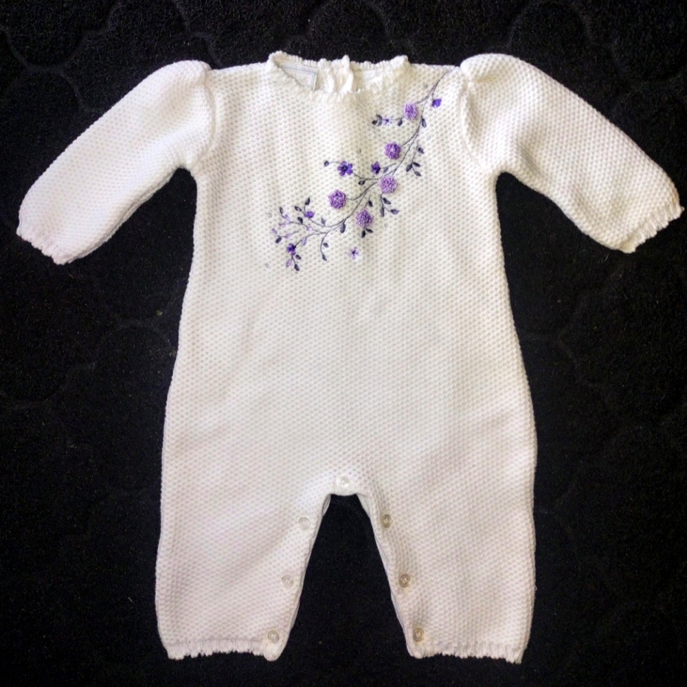 Koala Baby Boutique White Knit Sweater Romper Purple Floral Embroidered 0-3 Mos